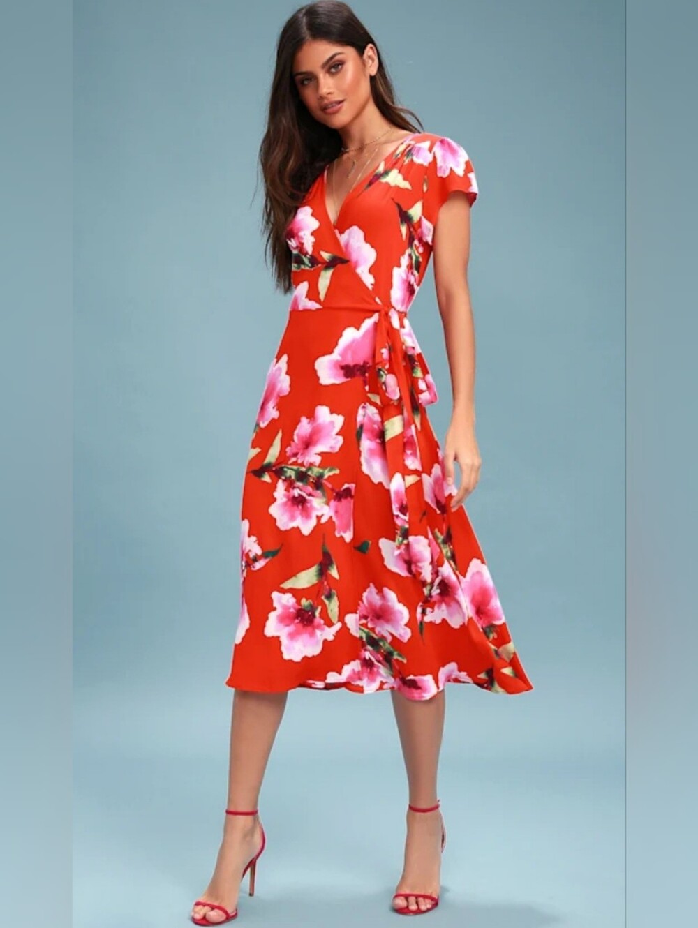 NWT Lulu's Romantic Cottagecore Red Floral Wrap Midi Dress Bloom Print, Size S